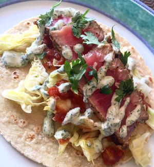 Seared Tuna Tacos with Spicy Cilantro Cream Sauce